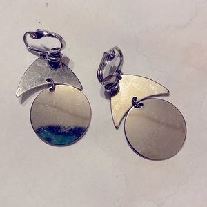 Clip on non pierced earrings geometric circle & curved triangle silver color
